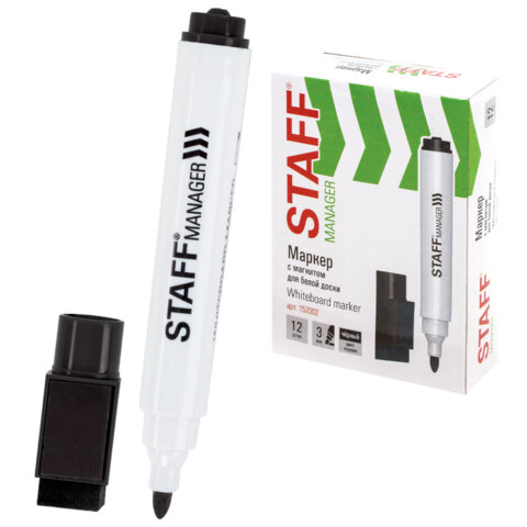 Маркер стираемый для белой доски на магните со стирателем, ЧЕРНЫЙ, STAFF "Manager" WBM-002, 3 мм, 152002