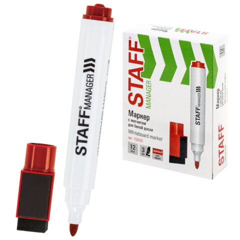 Маркер стираемый для белой доски на магните со стирателем, КРАСНЫЙ, STAFF "Manager" WBM-002, 3 мм, 152003