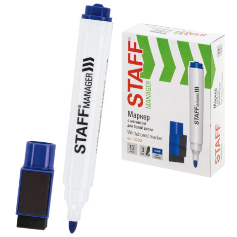 Маркер стираемый для белой доски на магните со стирателем, СИНИЙ, STAFF "Manager" WBM-002, 3 мм, 152004