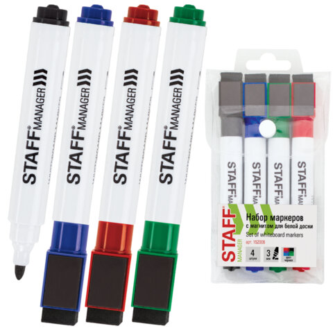 Маркеры для белой доски на магните со стирателем, НАБОР 4 цвета, STAFF "Manager" WBM-002, 3 мм, 152006