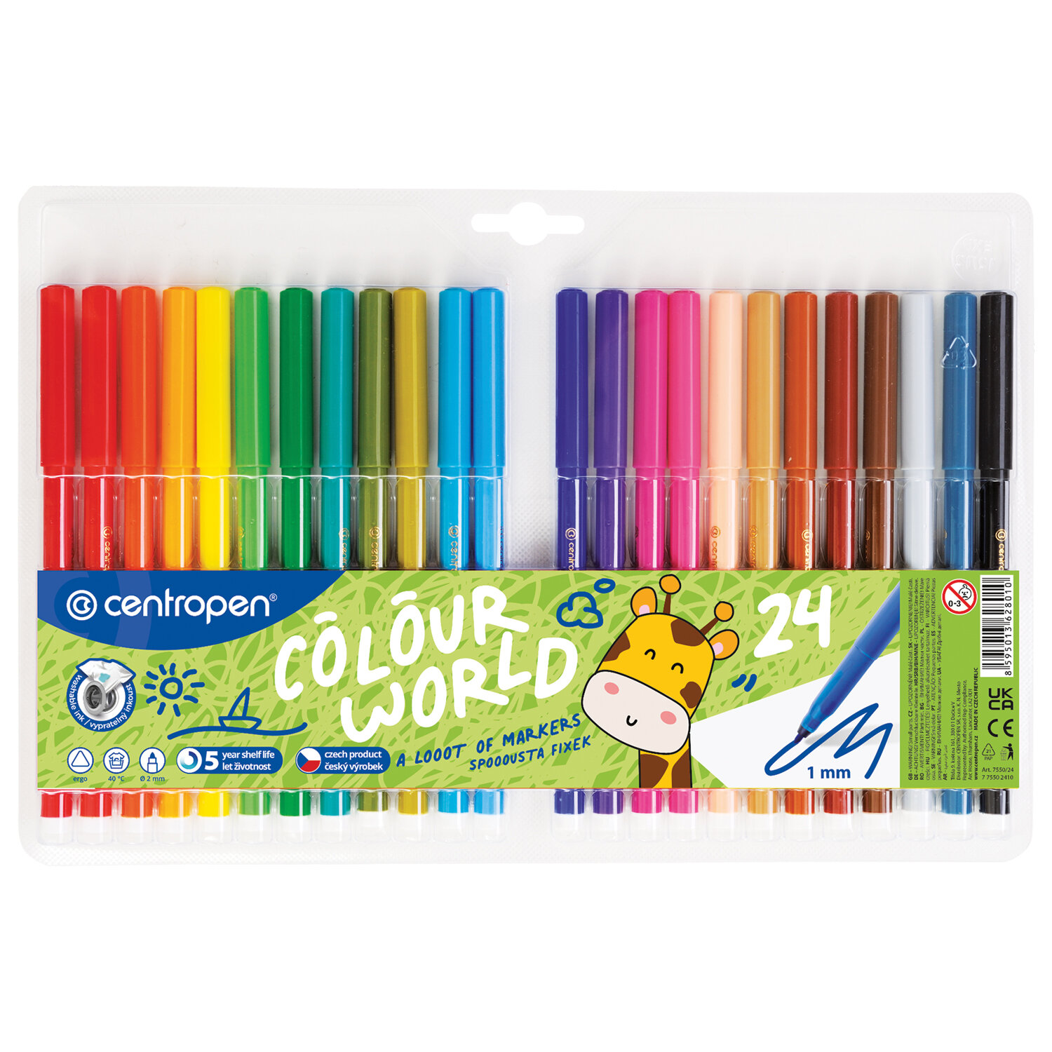 Фломастеры 24 ЦВЕТА CENTROPEN "Colour World", трехгранные, смываемые, вентилируемый колпачок, 7550/24TP
