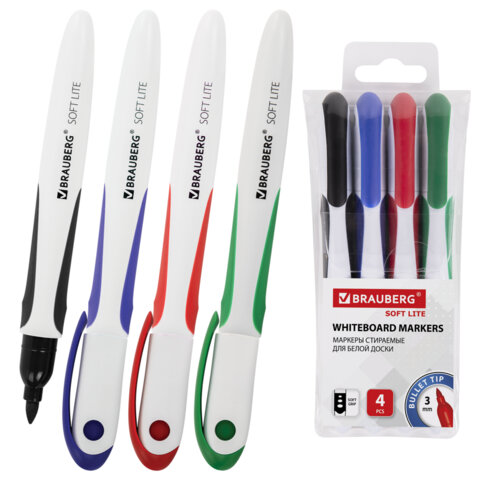 Маркеры стираемые для белой доски НАБОР 4 ЦВЕТА, BRAUBERG "SOFT LITE", 3 мм, резиновая вставка, 152107