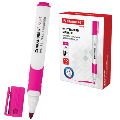 Маркер стираемый для белой доски РОЗОВЫЙ, BRAUBERG "SOFT", 5 мм, резиновая вставка, 152110