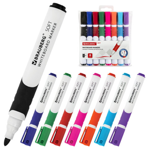 Маркеры стираемые для белой доски НАБОР 8 ЦВЕТОВ, BRAUBERG "SOFT", 5 мм, резиновая вставка, 152112