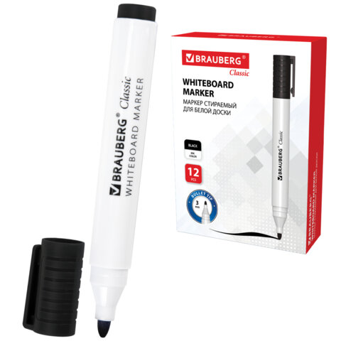 Маркер стираемый для белой доски ЧЕРНЫЙ, BRAUBERG "CLASSIC", 3 мм, с клипом, 152113