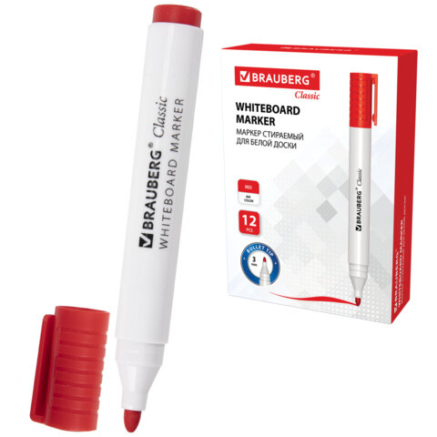 Маркер стираемый для белой доски КРАСНЫЙ, BRAUBERG "CLASSIC", 3 мм, с клипом, 152114