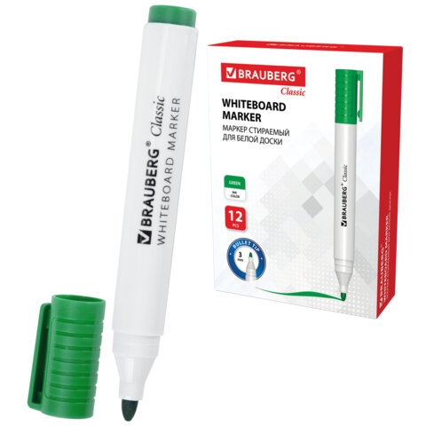 Маркер стираемый для белой доски ЗЕЛЕНЫЙ, BRAUBERG "CLASSIC", 3 мм, с клипом, 152116