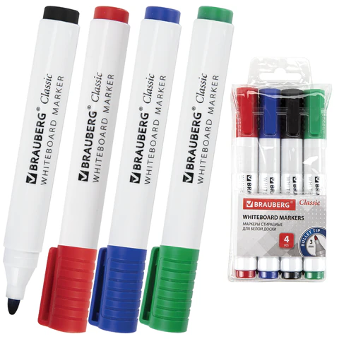 Маркеры стираемые для белой доски НАБОР 4 ЦВЕТА, BRAUBERG "CLASSIC", 3 мм, с клипом, 152117