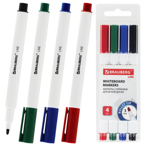 Маркеры стираемые для белой доски НАБОР 4 ЦВЕТА, BRAUBERG "LINE", 3 мм, с клипом, 152119