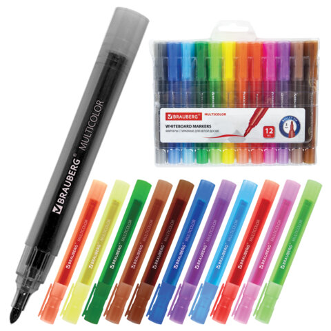 Маркеры стираемые для белой доски НАБОР 12 ЦВЕТОВ, BRAUBERG "MULTICOLOR", 3 мм, 152121