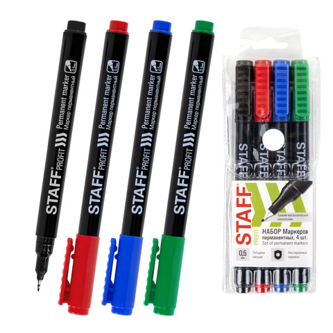 Маркер перманентный НАБОР 4 ЦВЕТА, STAFF "Profit PM-105", тонкий металлический наконечник 0,5 мм, 152173