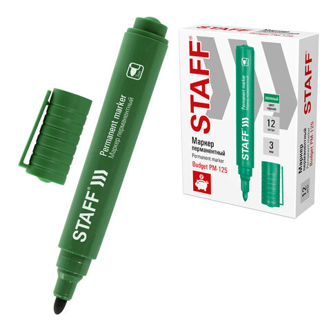 Маркер перманентный STAFF "Basic Budget PM-125", ЗЕЛЕНЫЙ, круглый наконечник 3 мм, 152177