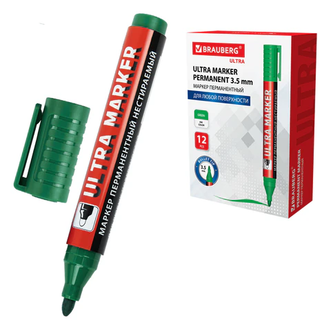 Маркер перманентный ULTRA MARKER, ЗЕЛЕНЫЙ, 3,5 мм, с клипом, BRAUBERG, 152207