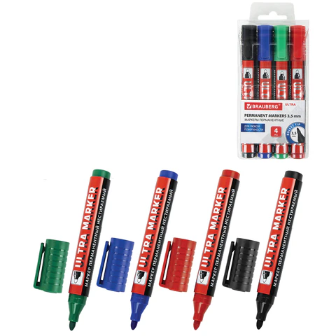 Маркеры перманентные BRAUBERG ULTRA MARKER, НАБОР 4 ЦВЕТА, круглый наконечник 3,5 мм, 152208