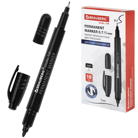 Маркер перманентный двусторонний BRAUBERG DUO, ЧЕРНЫЙ, наконечники 0,7/1 мм, 152210