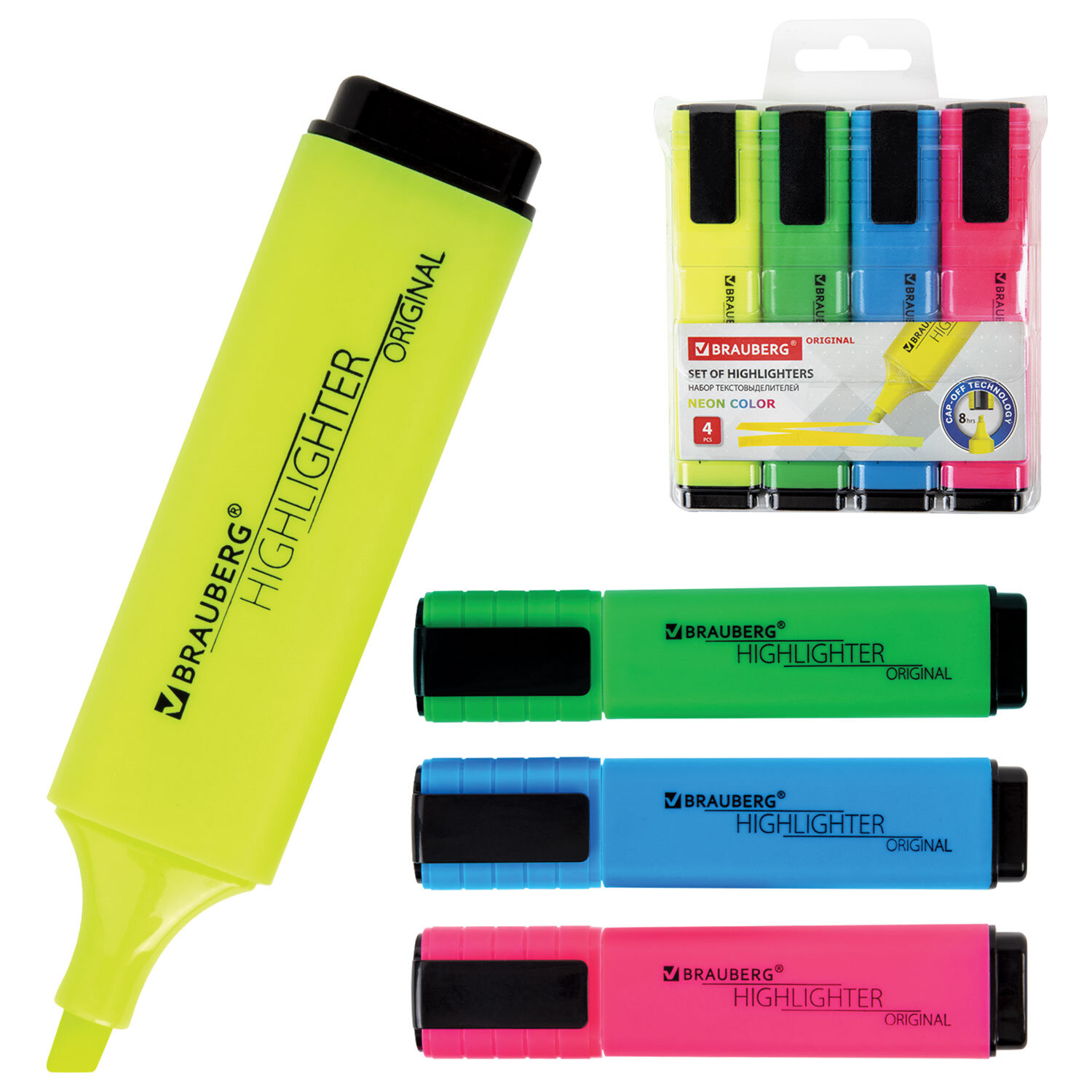 Набор текстовыделителей 4 ЦВЕТА, BRAUBERG "ORIGINAL NEON", линия письма 1-5 мм, 152215