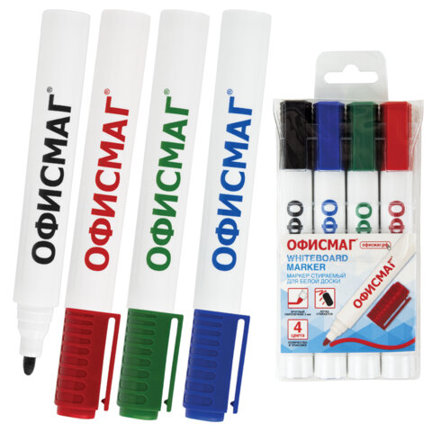 Маркеры стираемые для белой доски НАБОР 4 ЦВЕТА, ОФИСМАГ, круглый наконечник, 3 мм, 152222