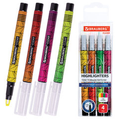 Набор текстовыделителей с прозрачным наконечником 4 ЦВЕТА, BRAUBERG "Clear", линия 1-5 мм, 152426