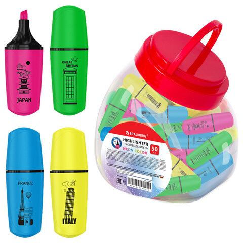 Текстовыделитель мини BRAUBERG "NEON Mini", АССОРТИ В ПЛАСТИКОВОЙ БАНКЕ, линия 1-5 мм, 152431