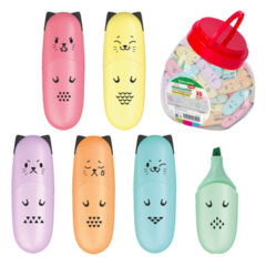 Текстовыделитель мини BRAUBERG KIDS &laquo;CUTE CATS PASTEL&raquo;, АССОРТИ В ПЛАСТИКОВОЙ БАНКЕ, линия 1-5 мм, 152434.