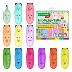Изображение товара Набор текстовыделителей мини BRAUBERG KIDS CUTE CATS 12 шт яркие неоновые и пастельные цвета