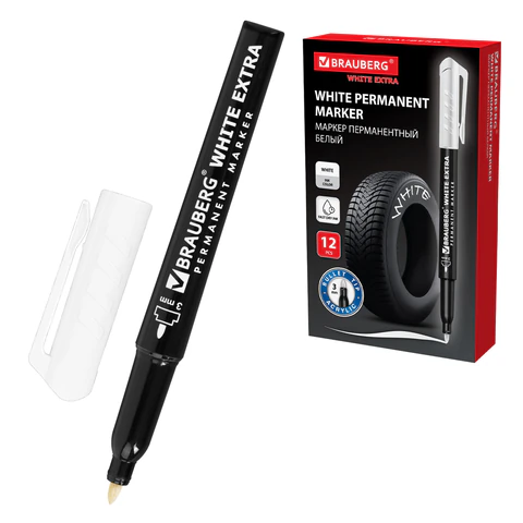Маркер перманентный BRAUBERG WHITE EXTRA, БЕЛЫЙ, круглый наконечник 3 мм, 152488