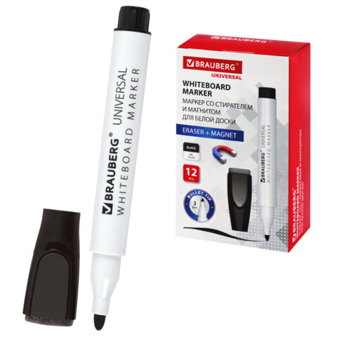 Маркер стираемый на магните со стирателем для белой доски ЧЕРНЫЙ, BRAUBERG "UNIVERSAL", 3 мм, 152490