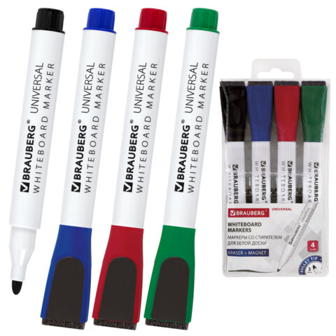 Маркеры стираемые на магните со стирателем для белой доски, 4 ЦВЕТА, BRAUBERG "UNIVERSAL", 3 мм, 152491