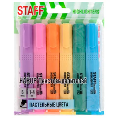 Набор текстовыделителей 6 ПАСТЕЛЬНЫХ ЦВЕТОВ, АССОРТИ, STAFF College &laquo;STICK PASTEL&raquo;, линия письма 1-4 мм, скошенный наконечник, 152532