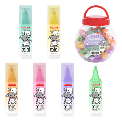 Текстовыделитель мини с принтами BRAUBERG "PASTEL", АССОРТИ В ПЛАСТИКОВОЙ БАНКЕ, 1-5 мм, 152536