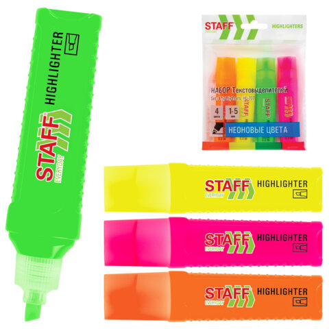 Набор текстовыделителей 4 НЕОНОВЫХ ЦВЕТА, STAFF "EVERYDAY HL-707", линия 1-5 мм, скошенный наконечник, 152548