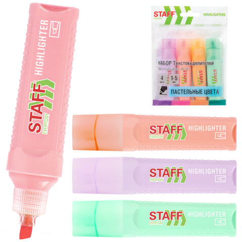 Набор текстовыделителей 4 ПАСТЕЛЬНЫХ ЦВЕТА, STAFF "EVERYDAY HL-707", линия 1-5 мм, скошенный наконечник, 152549