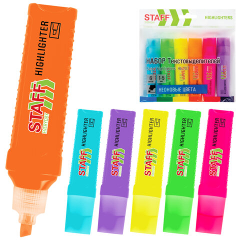 Набор текстовыделителей 6 НЕОНОВЫХ ЦВЕТОВ, STAFF "EVERYDAY HL-707", линия 1-5 мм, скошенный наконечник, 152550