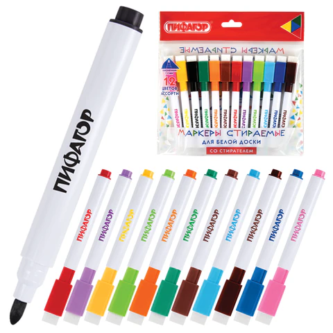 Маркеры стираемые 2 мм для белой доски и планера со стирателем НАБОР 12 ЦВЕТОВ, ПИФАГОР, 152565