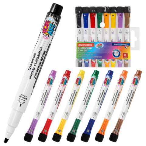 Маркеры на магните со стирателем для белой доски и планера, 8 цветов, BRAUBERG POP-ART, 1-2 мм, 152567