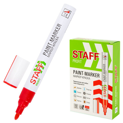 Маркер-краска лаковый (paint marker) 2-4 мм, КРАСНЫЙ, НИТРО-ОСНОВА, STAFF PROFIT, для любых поверхностей, 152582