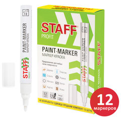 Маркер-краска лаковый (paint marker) 2-4 мм, БЕЛЫЙ, КОМПЛЕКТ 12 ШТУК, НИТРО-ОСНОВА, STAFF PROFIT, для любых поверхностей, 152584