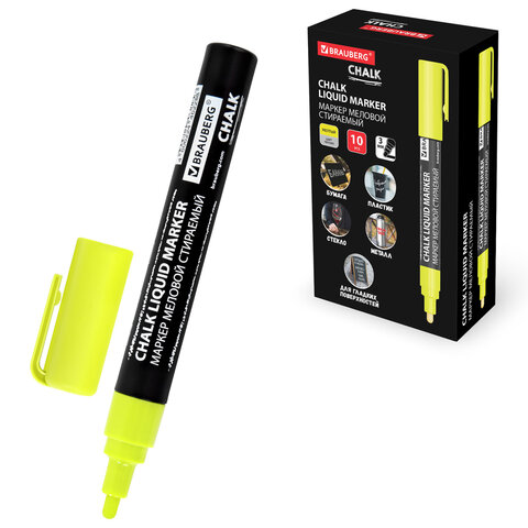 Маркер меловой CHALK LIQUID MARKER, ЖЕЛТЫЙ, 3 мм, стираемый, BRAUBERG "CHALK", 152590