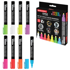 Маркеры меловые CHALK LIQUID MARKER, НЕОН, НАБОР 8 ЦВЕТОВ, 3 мм, стираемые, BRAUBERG "CHALK", 152597