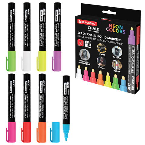 Маркеры меловые CHALK LIQUID MARKER, НЕОН, НАБОР 8 ЦВЕТОВ, 3 мм, стираемые, BRAUBERG "CHALK", 152597