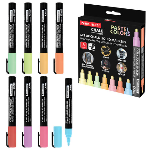 Маркеры меловые CHALK LIQUID MARKER, ПАСТЕЛЬ, НАБОР 8 ЦВЕТОВ, 3 мм, стираемые, BRAUBERG "CHALK", 152598