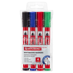 Маркеры стираемые для белой доски, НАБОР 4 ЦВЕТА, BRAUBERG &laquo;ULTRA WHITEBOARD MARKER&raquo;, 3 мм, 152635