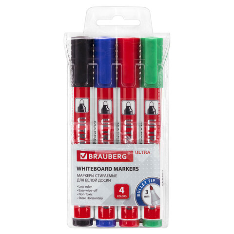Маркеры стираемые для белой доски НАБОР 4 ЦВЕТА, BRAUBERG "ULTRA WHITEBOARD MARKER", 3 мм, 152635