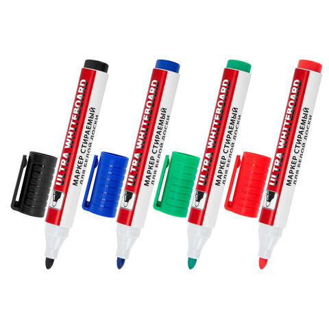 Маркеры стираемые для белой доски НАБОР 4 ЦВЕТА, BRAUBERG "ULTRA WHITEBOARD MARKER", 3 мм, 152635