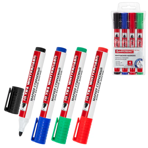 Маркеры стираемые для белой доски НАБОР 4 ЦВЕТА, BRAUBERG "ULTRA WHITEBOARD MARKER", 3 мм, 152635
