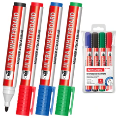 Маркеры стираемые для белой доски, НАБОР 4 ЦВЕТА, BRAUBERG &laquo;ULTRA WHITEBOARD MARKER&raquo;, 3 мм, 152635