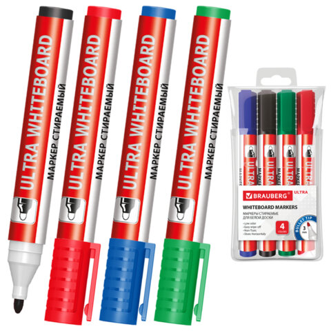 Маркеры стираемые для белой доски, НАБОР 4 ЦВЕТА, BRAUBERG "ULTRA WHITEBOARD MARKER", 3 мм, 152635