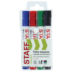 Маркеры стираемые для белой доски, НАБОР 4 ЦВЕТА, STAFF &laquo;MANAGER&raquo; WBM-300, 3 мм, с клипом, 152637
