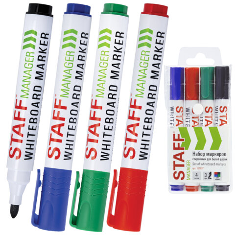 Маркеры стираемые для белой доски, НАБОР 4 ЦВЕТА, STAFF "MANAGER" WBM-300, 3 мм, с клипом, 152637