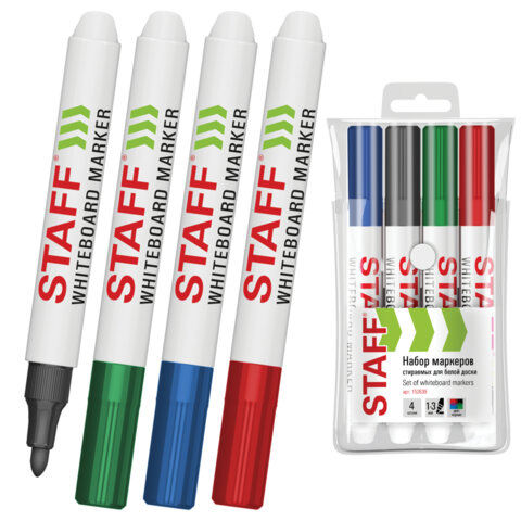 Маркеры стираемые для белой доски НАБОР 4 ЦВЕТА, STAFF "BASIC" WBM-200, 1-3 мм, 152639